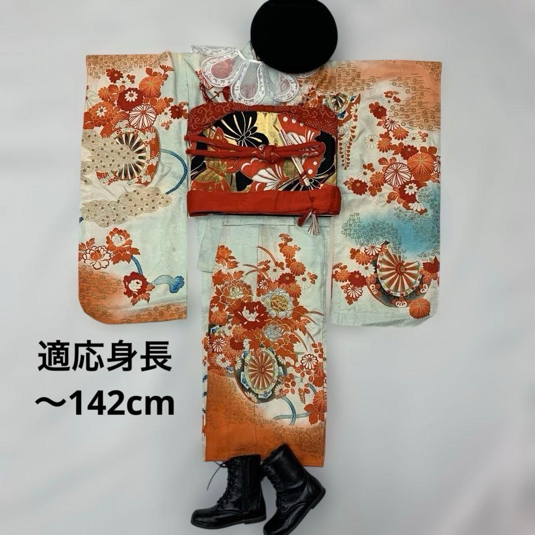 602agu27□七五三 7歳 アンティーク 女児 着物&長襦袢 源氏車□