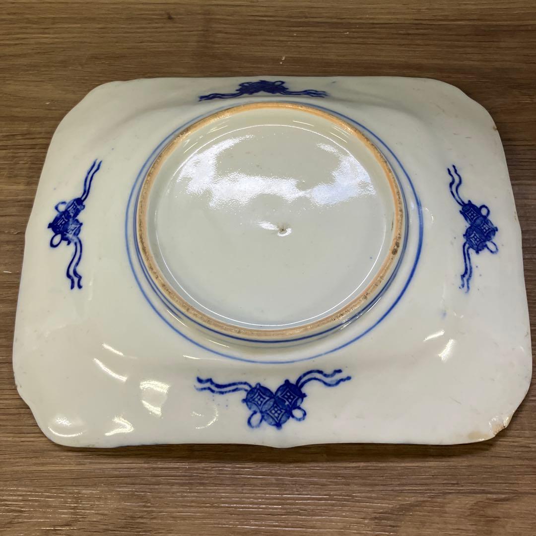 D-5時代物 伊万里焼 染付 孔雀図 牡丹図 舟形角皿 平皿 飾皿 骨董