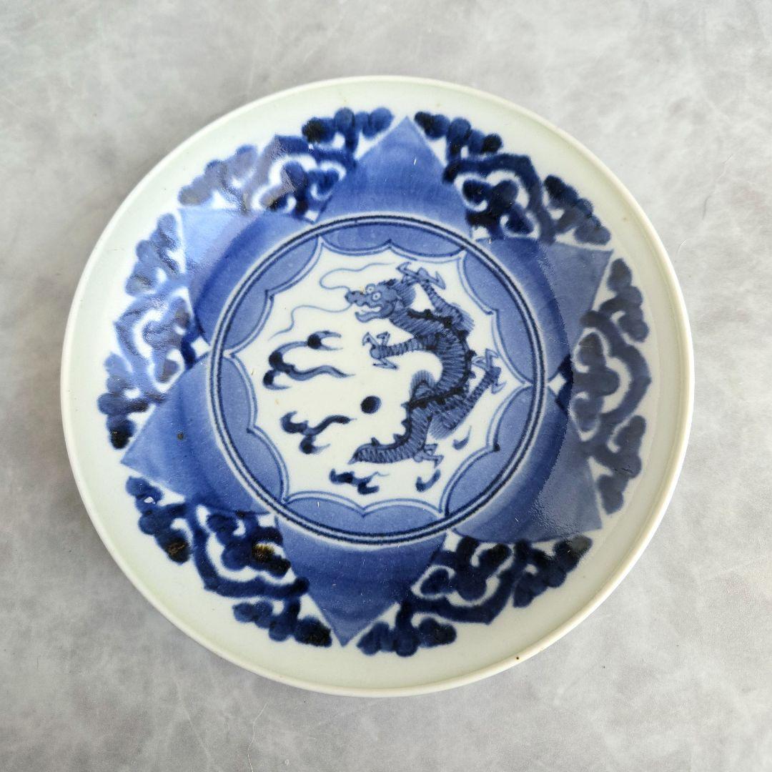 古伊万里　染付　蛸唐草　五寸皿　龍　江戸時代　金直し　金継ぎ　骨董　アンティーク