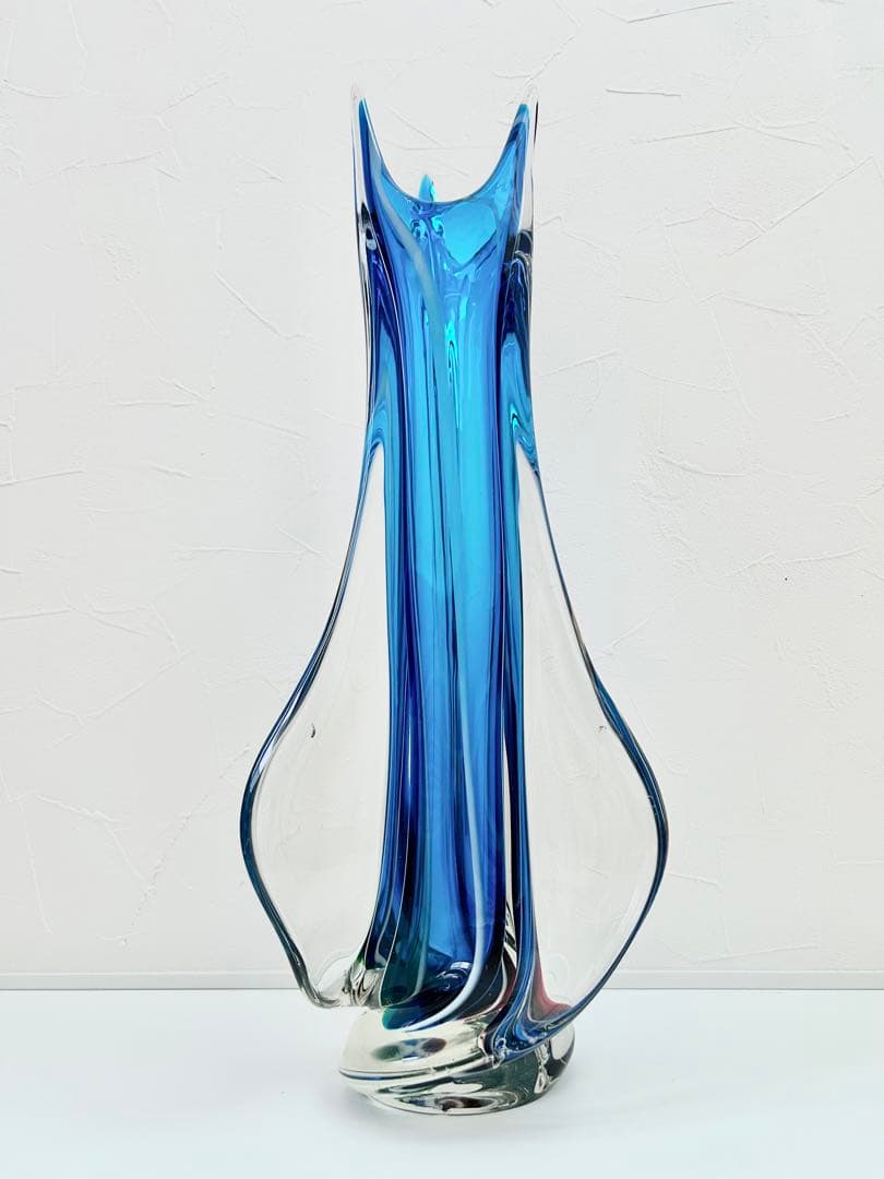 ガラス 花瓶 フリル フラワーベース マルティ グラス 昭和 レトロ blue