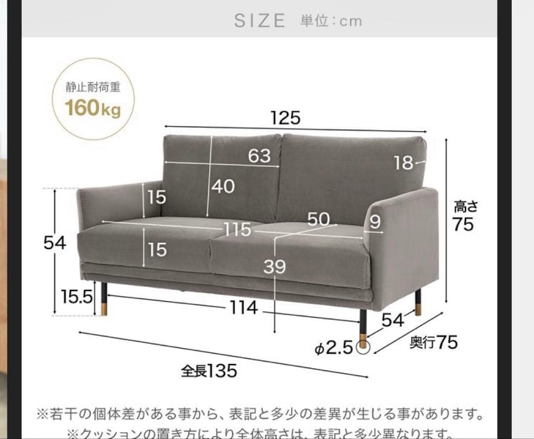 LOWYA グレー 2人掛けソファ 耐荷重160kg