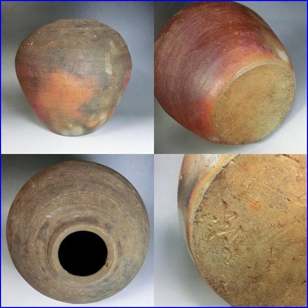 壷■古備前「堂」素焼き 箆目 古い花瓶花器 丸古壺 時代物 骨董品 古美術■