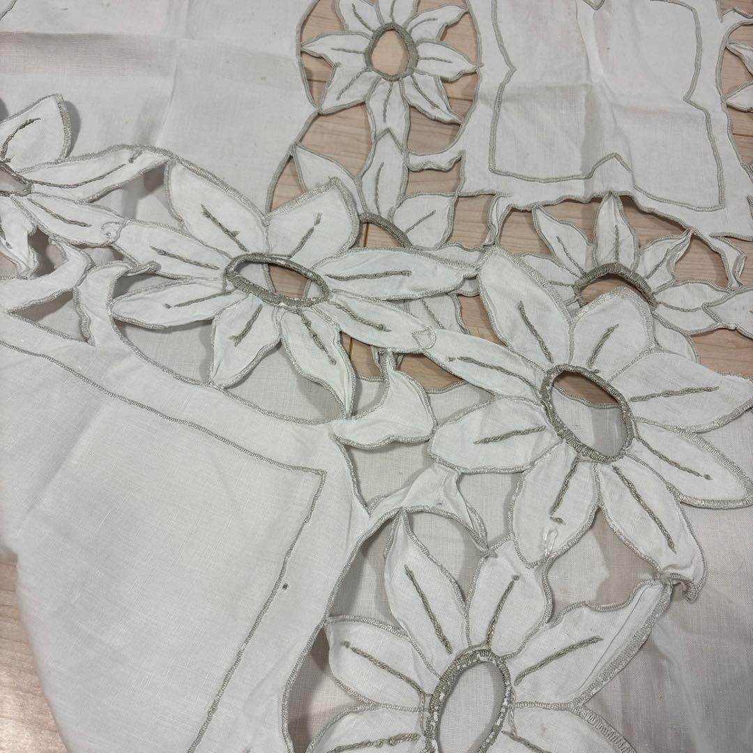 ヴィンテージ刺繍クロス　リネン　花柄刺繍テーブルクロス