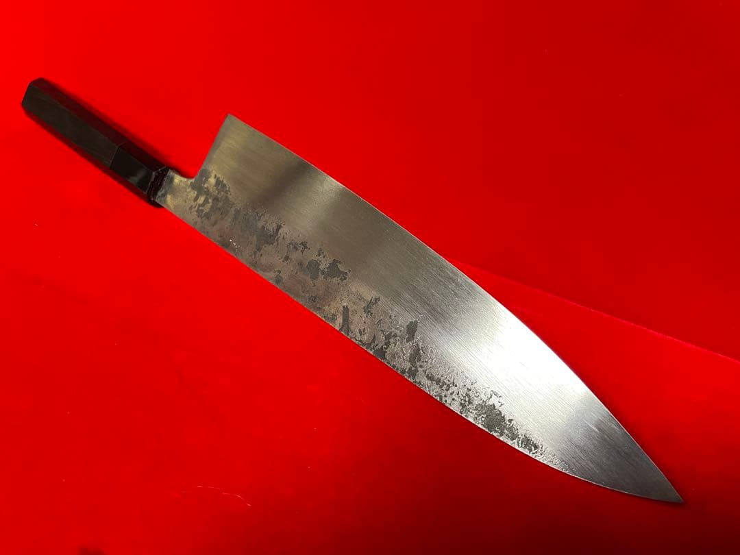 No.01310 包丁　重啓作　牛刀　黒打　手作　火造り　箱付　未使用品