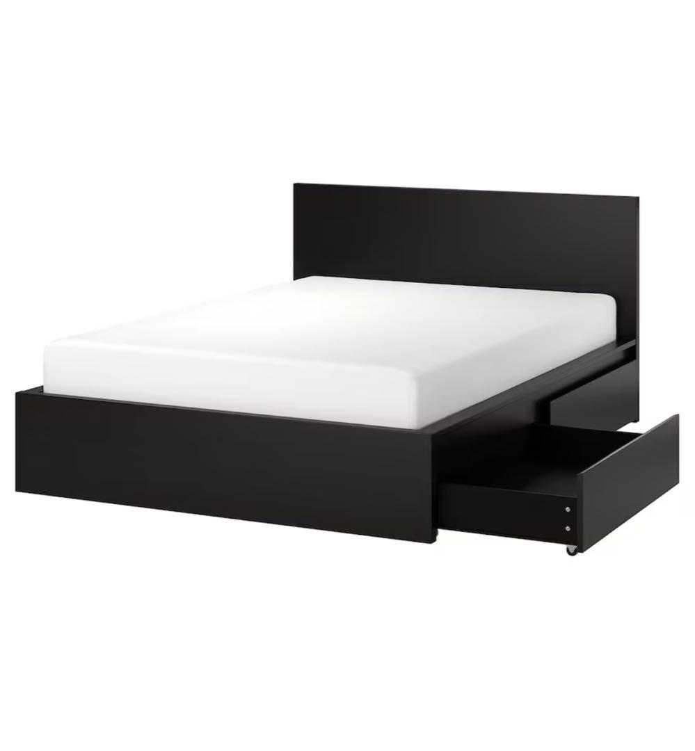 クイーンサイズ ブラックベッドフレーム 引き出し付き< IKEA MALM >