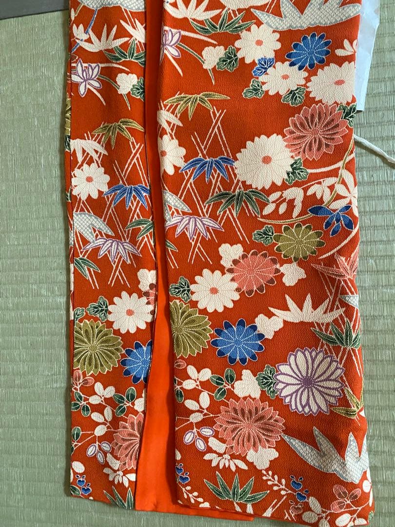 アンティークちりめん着物七五三着物と7歳用和装小物セット 赤とオレンジ　昭和