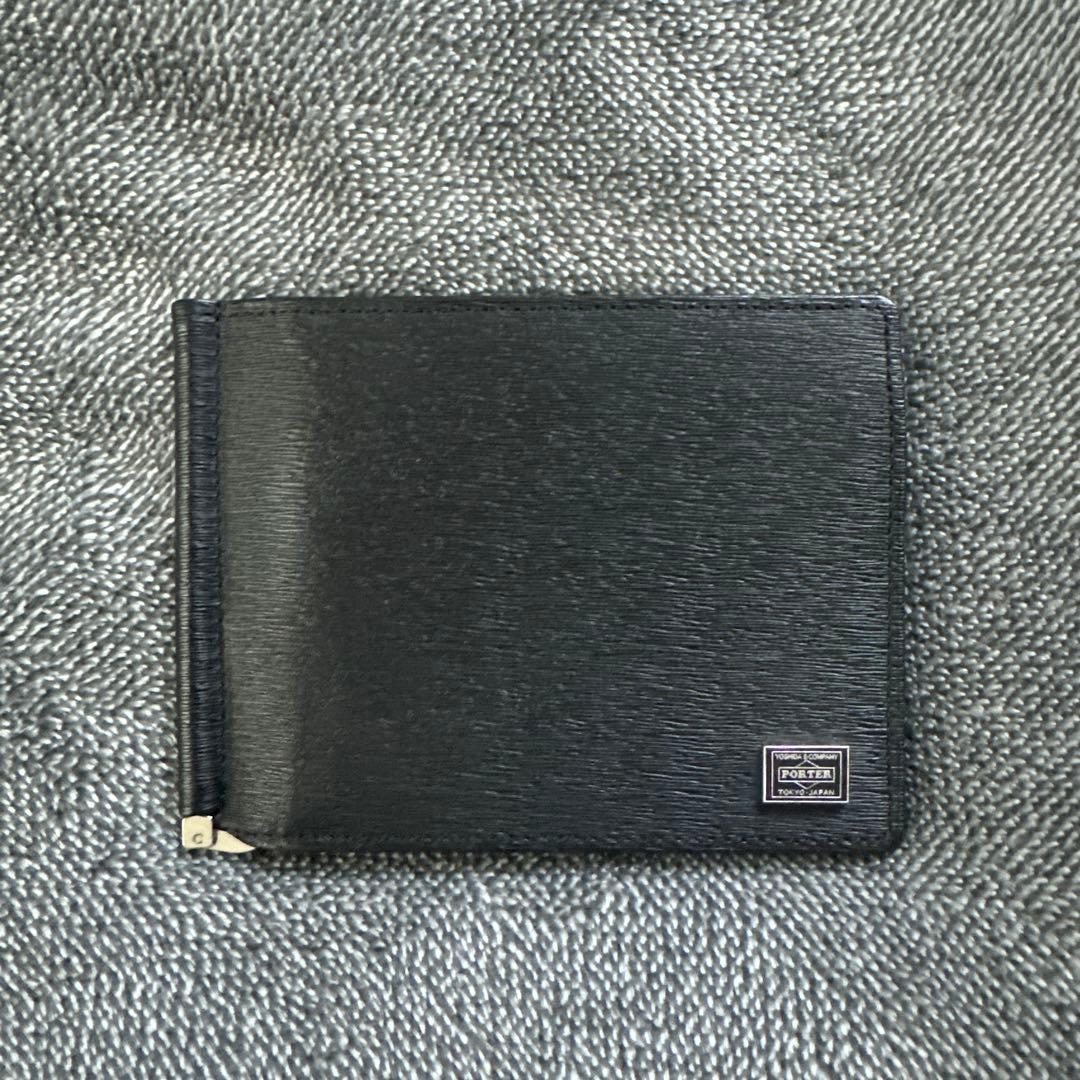 PORTER黒いレザー マネークリップ ジッパー付き