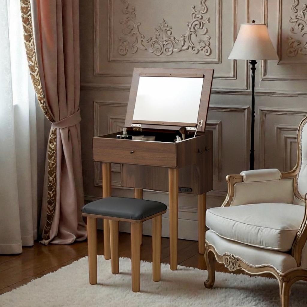 【新品】ドレッサーセット　デスク兼用　コンパクト　スツール付き　アンティーク風