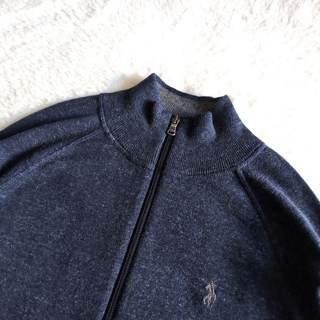 美品 ポロラルフローレン スタンドカラー ジップ ニットカーディガン ネイビー