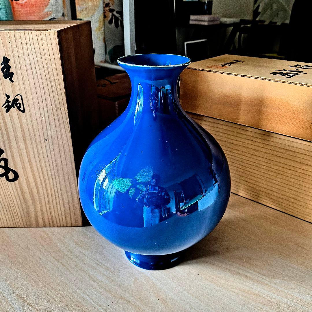 美品 青銅製 深青色花瓶 後藤銅器店