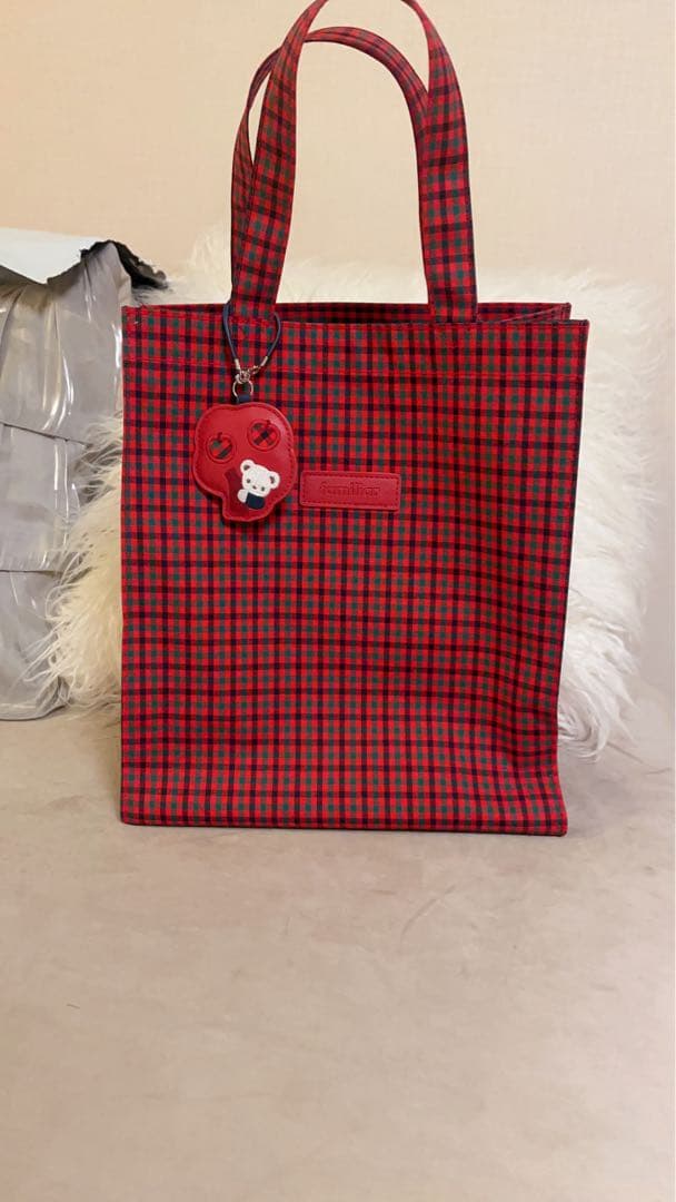 ファミリア　赤チェック　トートバッグ　手さげ鞄　familiar