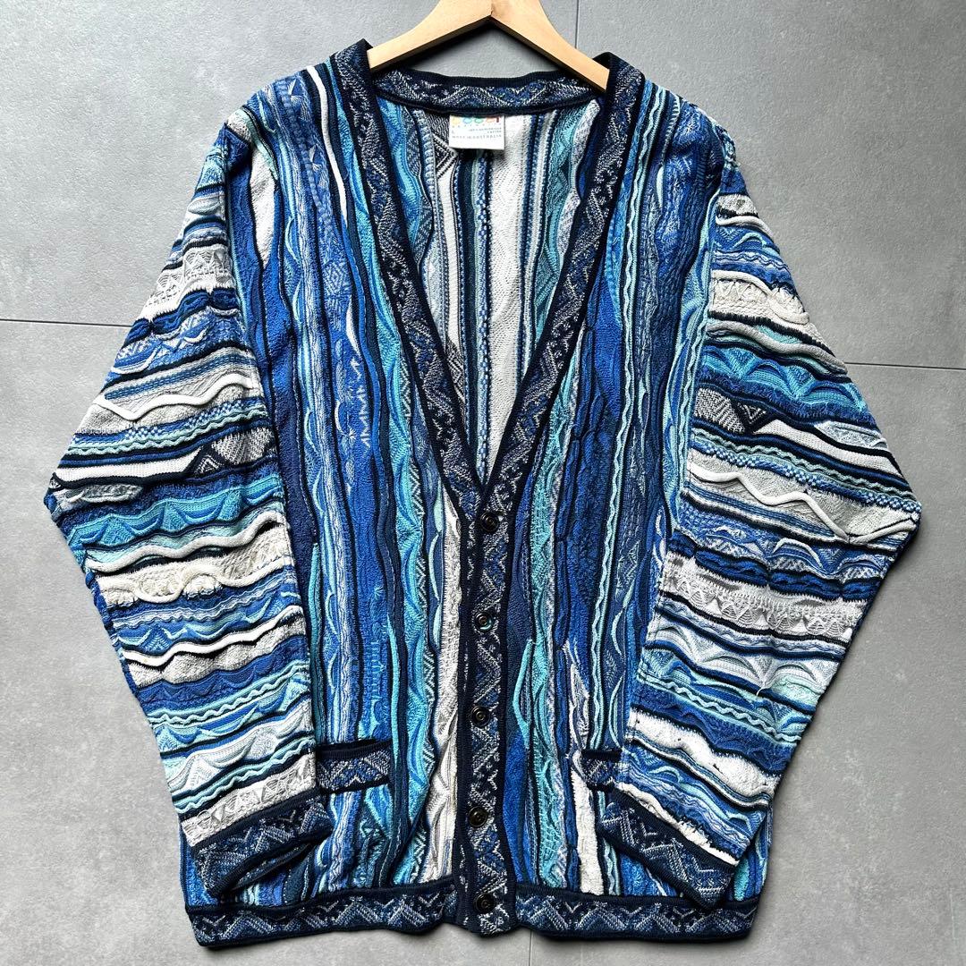 美品 クージー オーストラリア製 3Dニット カーディガン ケーブル L 青系