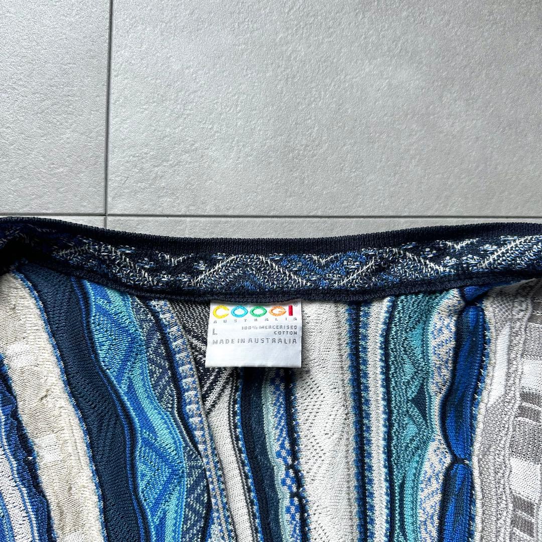 美品 クージー オーストラリア製 3Dニット カーディガン ケーブル L 青系