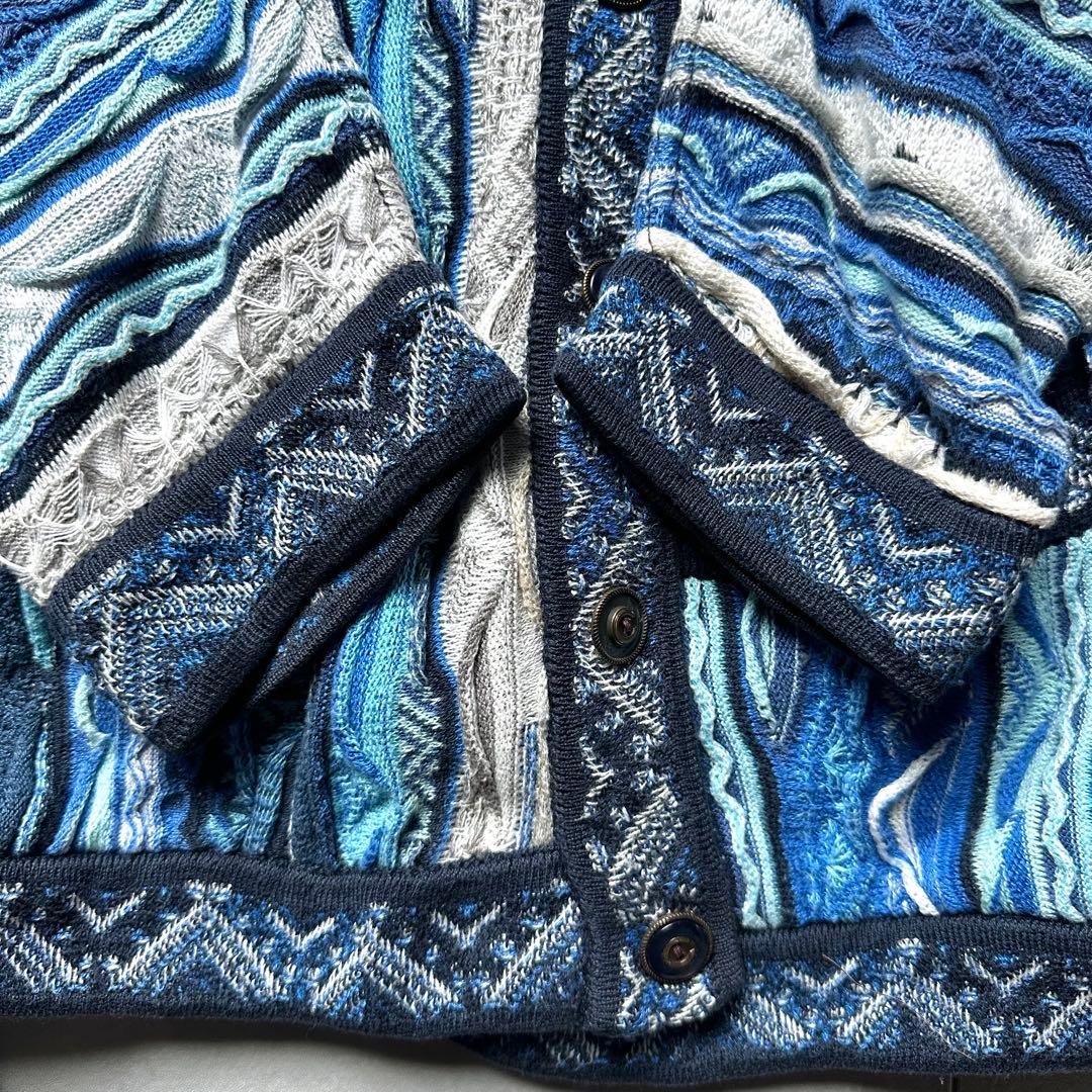 美品 クージー オーストラリア製 3Dニット カーディガン ケーブル L 青系