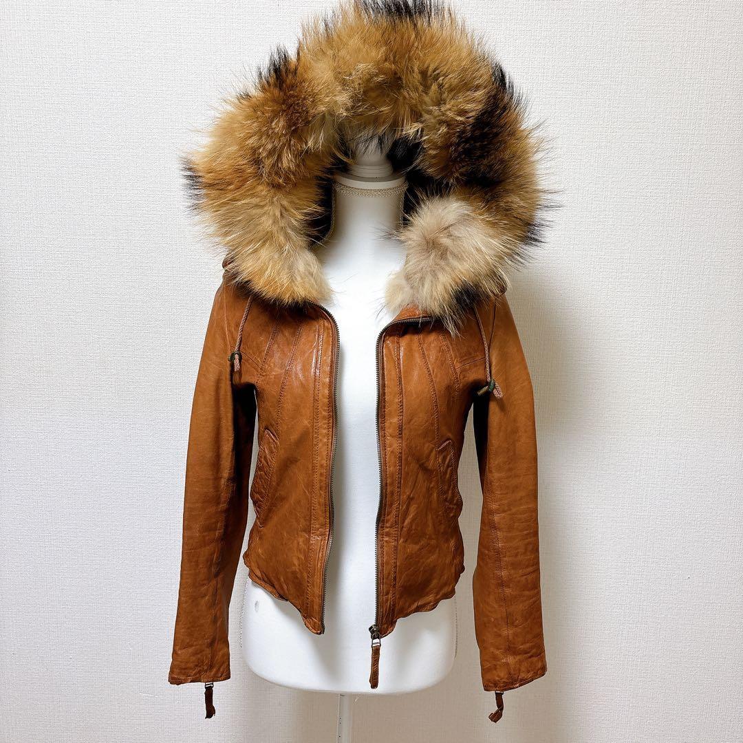 goa ゴア ファー付 本革 キャメル レザージャケット ライダース