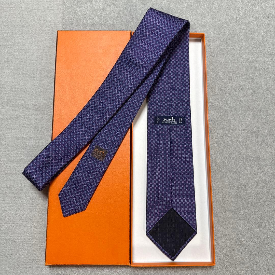 極美品　エルメス　ネクタイ　紫　H柄 シルクジャガード　結婚式