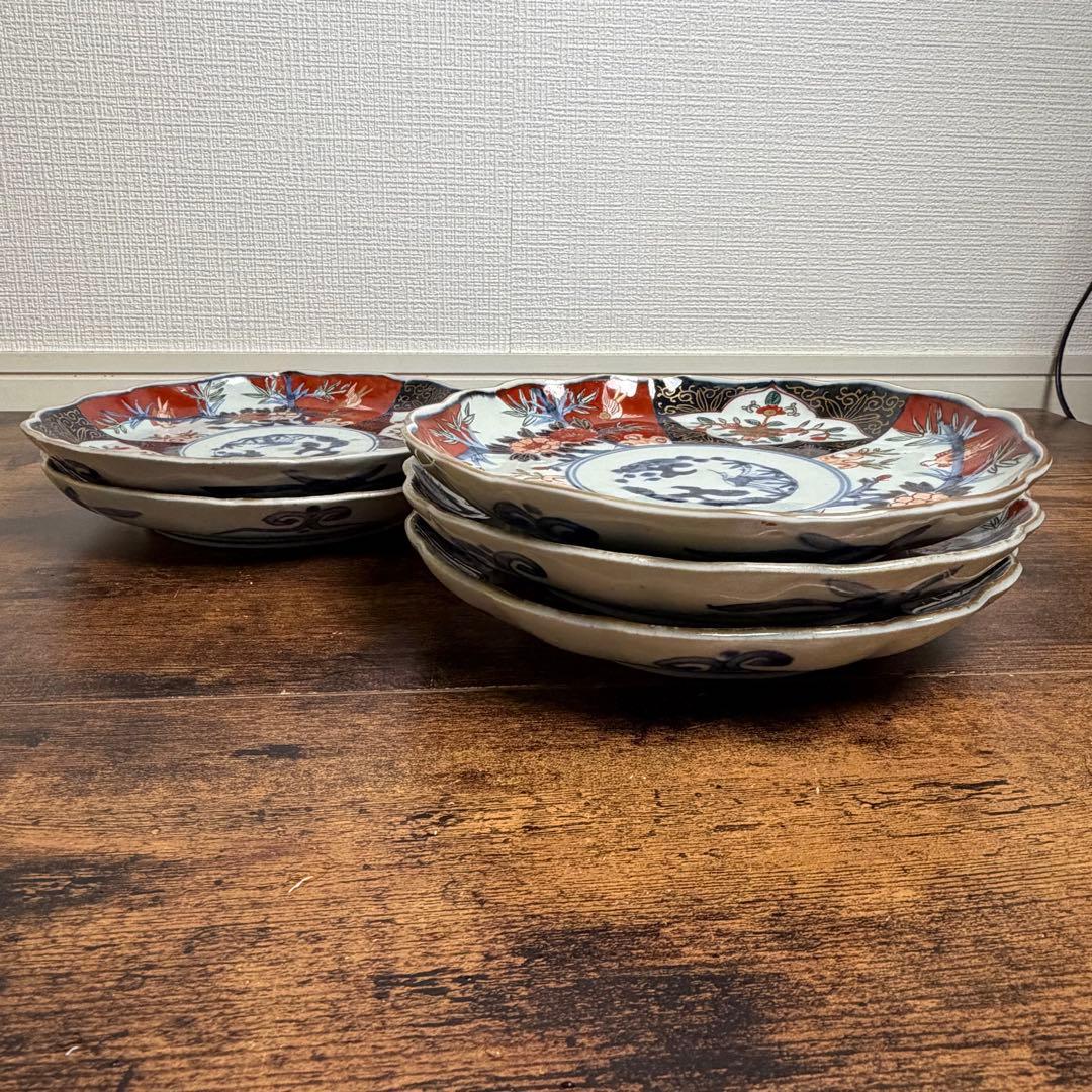 古伊万里 赤絵富貴長春七寸皿 五客　大皿/お皿/中皿/アンティーク