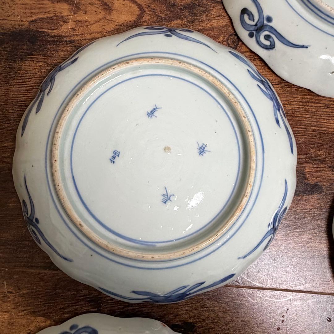 古伊万里 赤絵富貴長春七寸皿 五客　大皿/お皿/中皿/アンティーク