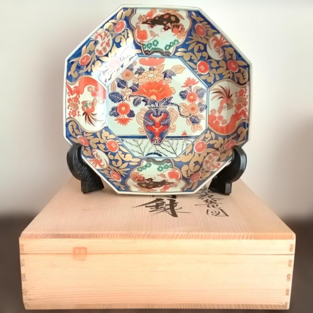 2/15まで値下げ！《桐箱付》林九郎窯 金唐草花篭図 八角鉢