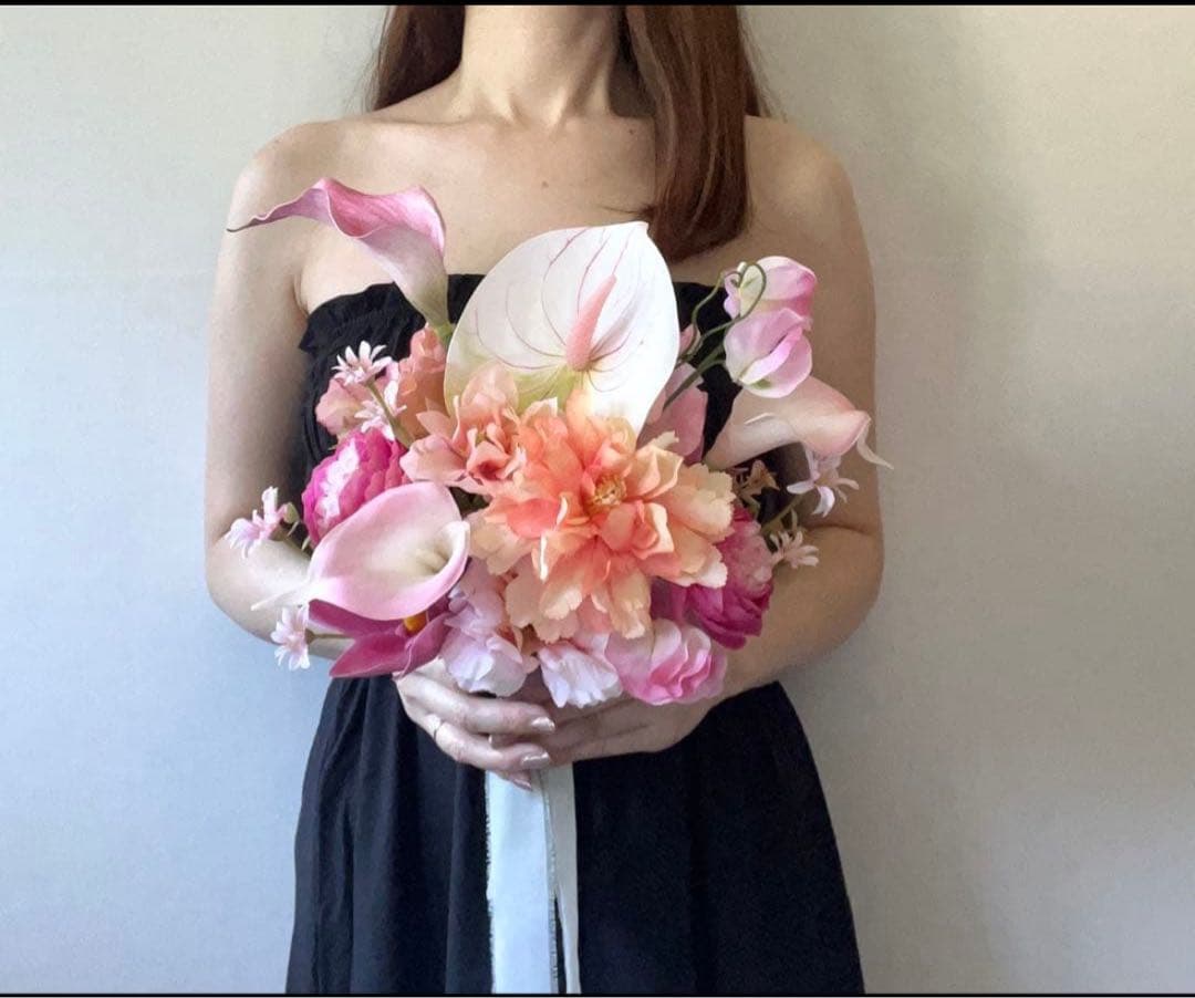 ウェディングブーケ 造花 フェイクフラワー ピンク オレンジ ホワイト