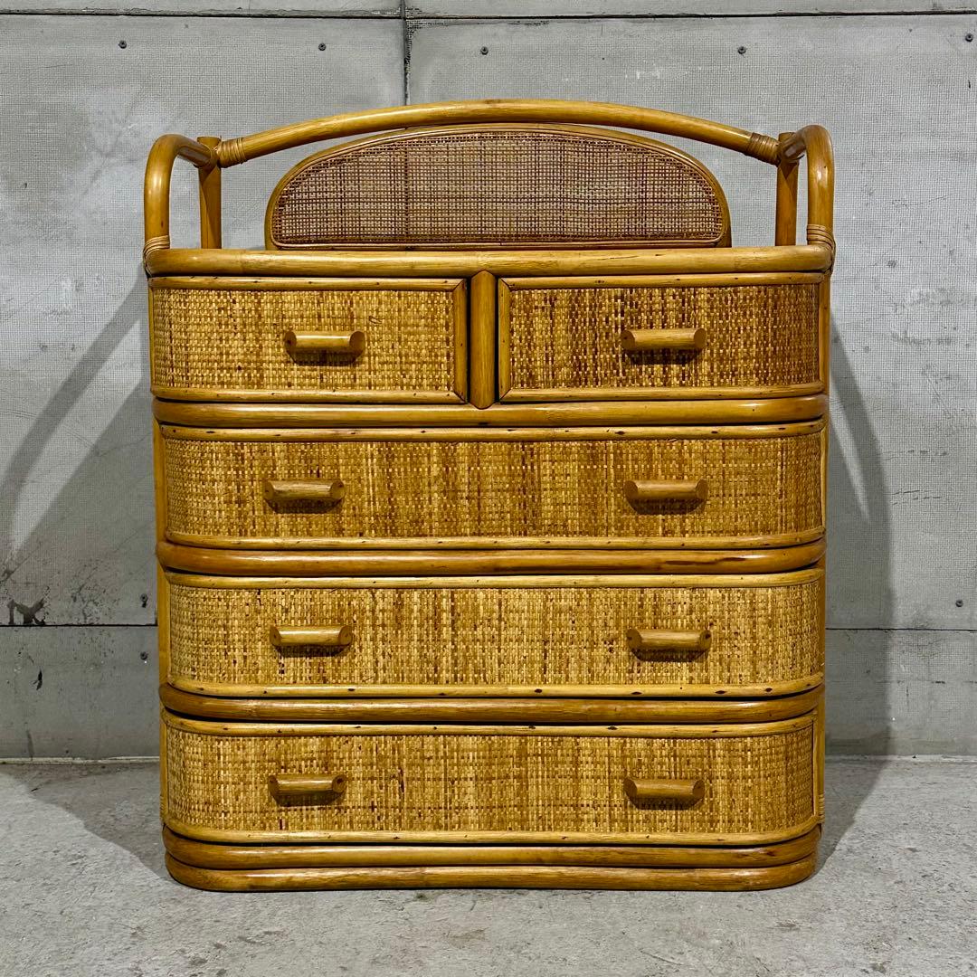 ꧁オールドがラタン꧂籐 収納家具 和モダン 昭和レトロ 6段チェスト