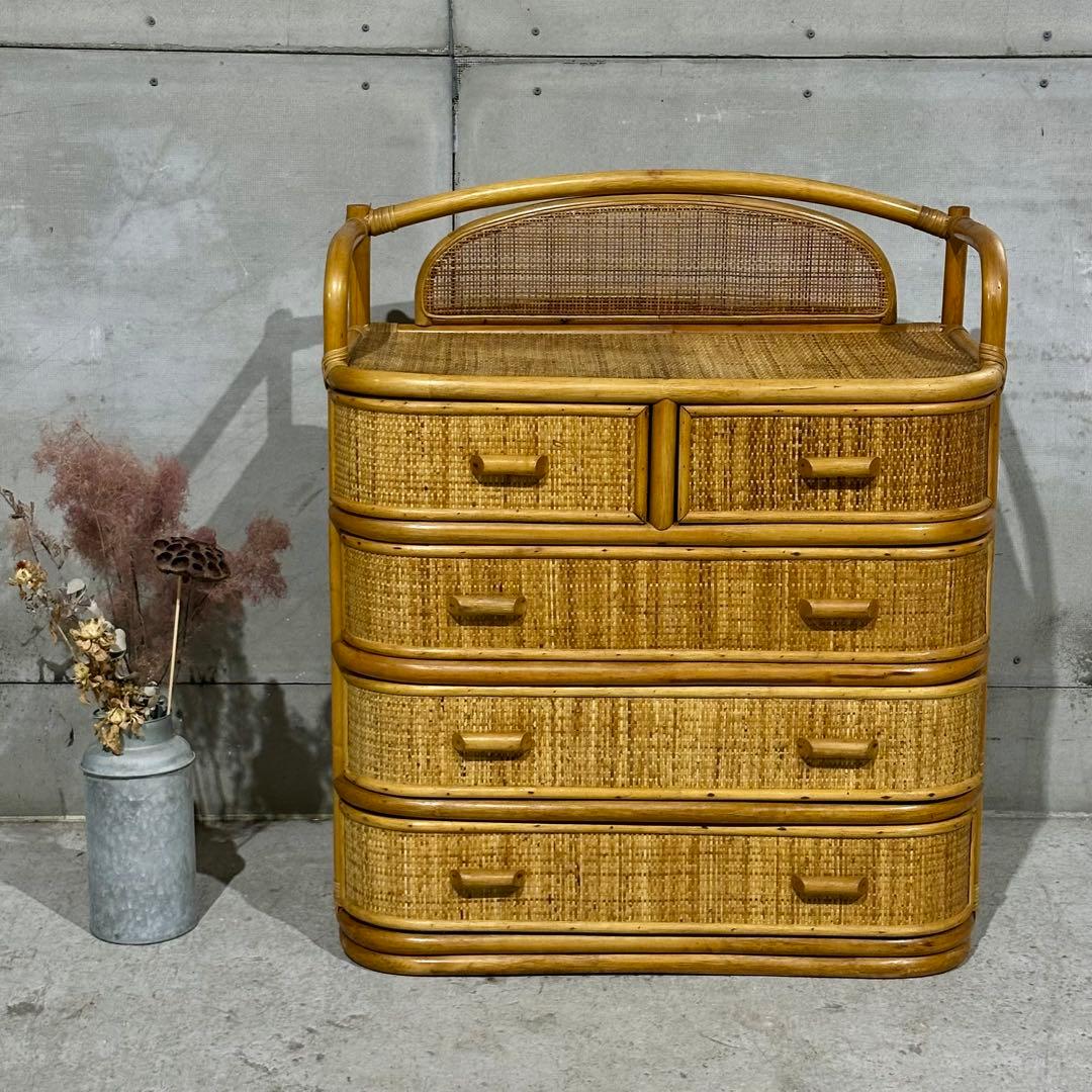 ꧁オールドがラタン꧂籐 収納家具 和モダン 昭和レトロ 6段チェスト