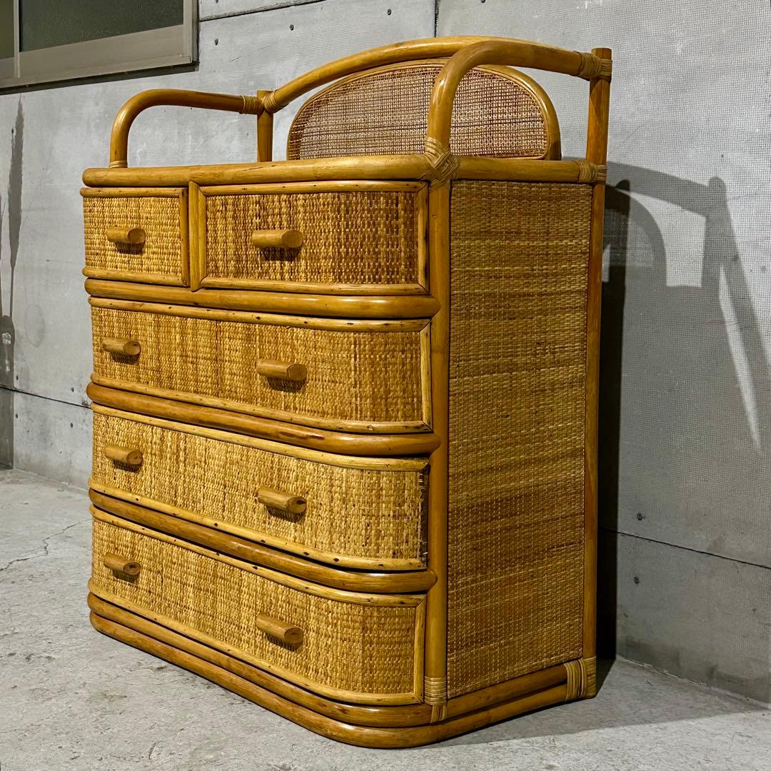 ꧁オールドがラタン꧂籐 収納家具 和モダン 昭和レトロ 6段チェスト