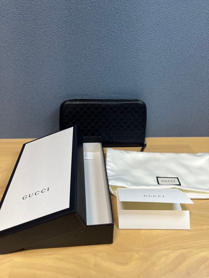 グッチ マイクロシマ GG柄 ラウンドジップ 長財布 レザー ブラック