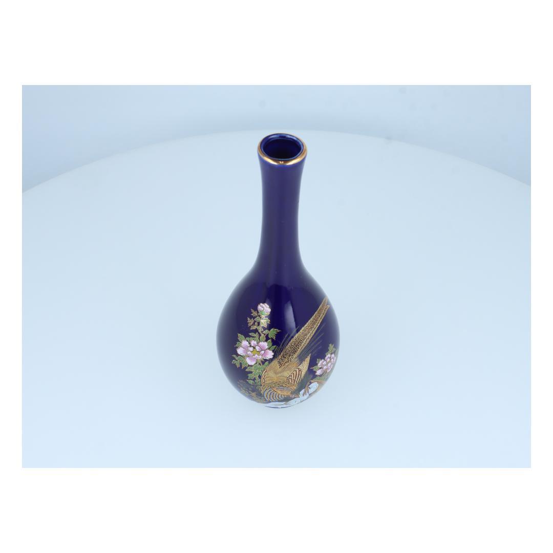 【美品】陶器製花瓶 金彩鳥花模様 ダークブルー アンティーク調 インテリア