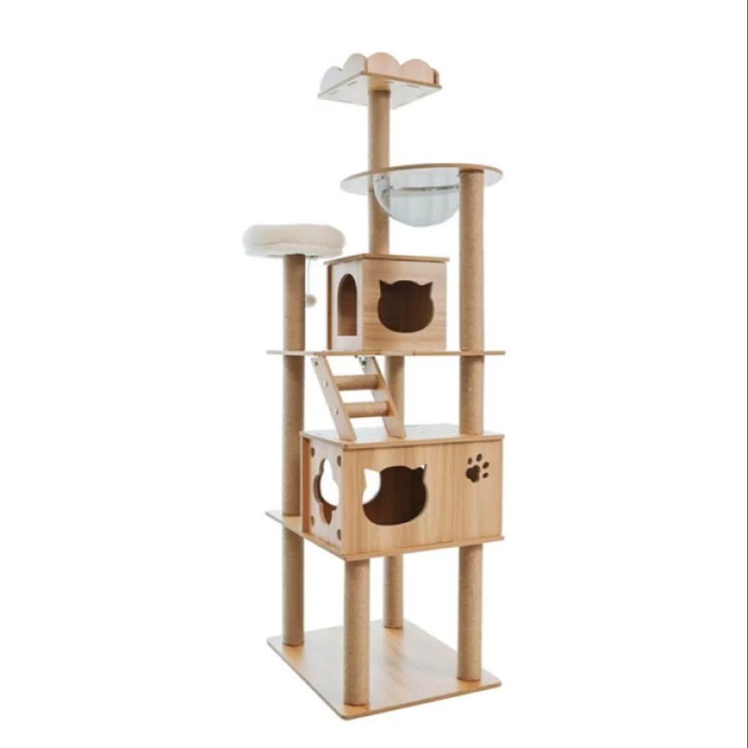 木製多層キャットタワー ラウンドベッド付き