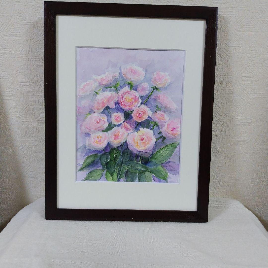 水彩画　F3  ピンクローズ