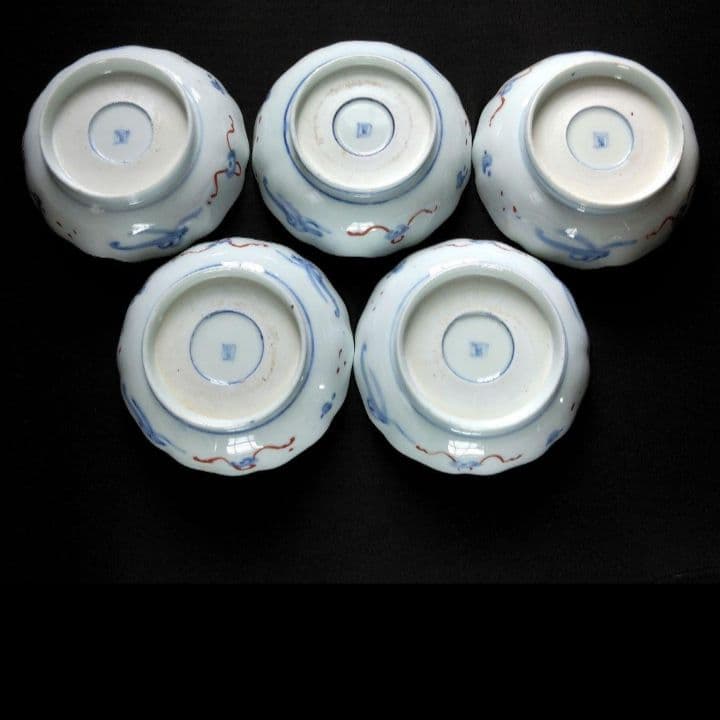 明治～大正 古伊万里 絢爛豪華 金襴手 二重角冨紋 膾皿 5客揃 角富 なます皿