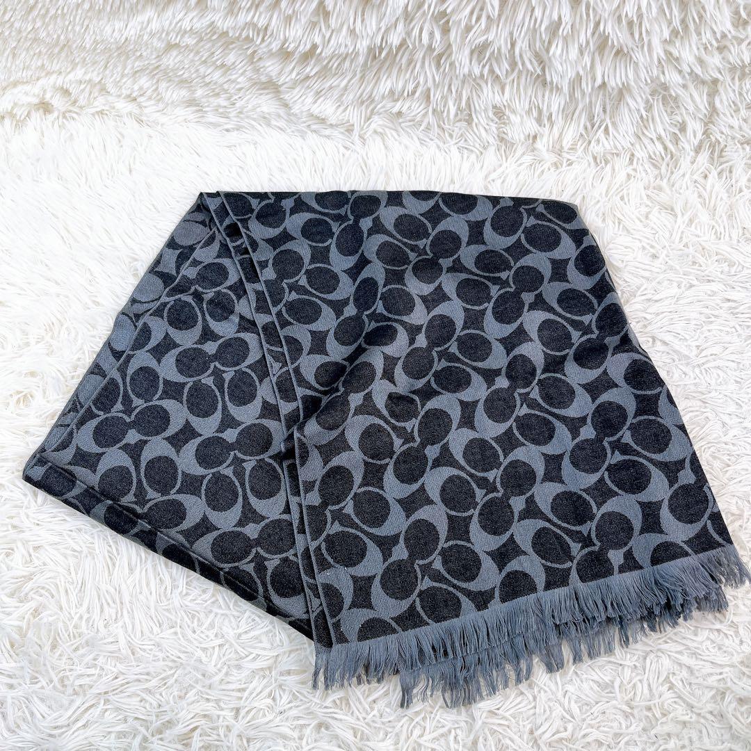 COACH コーチ シグネチャー マフラー ウール×カシミヤ フリンジ付 グレー