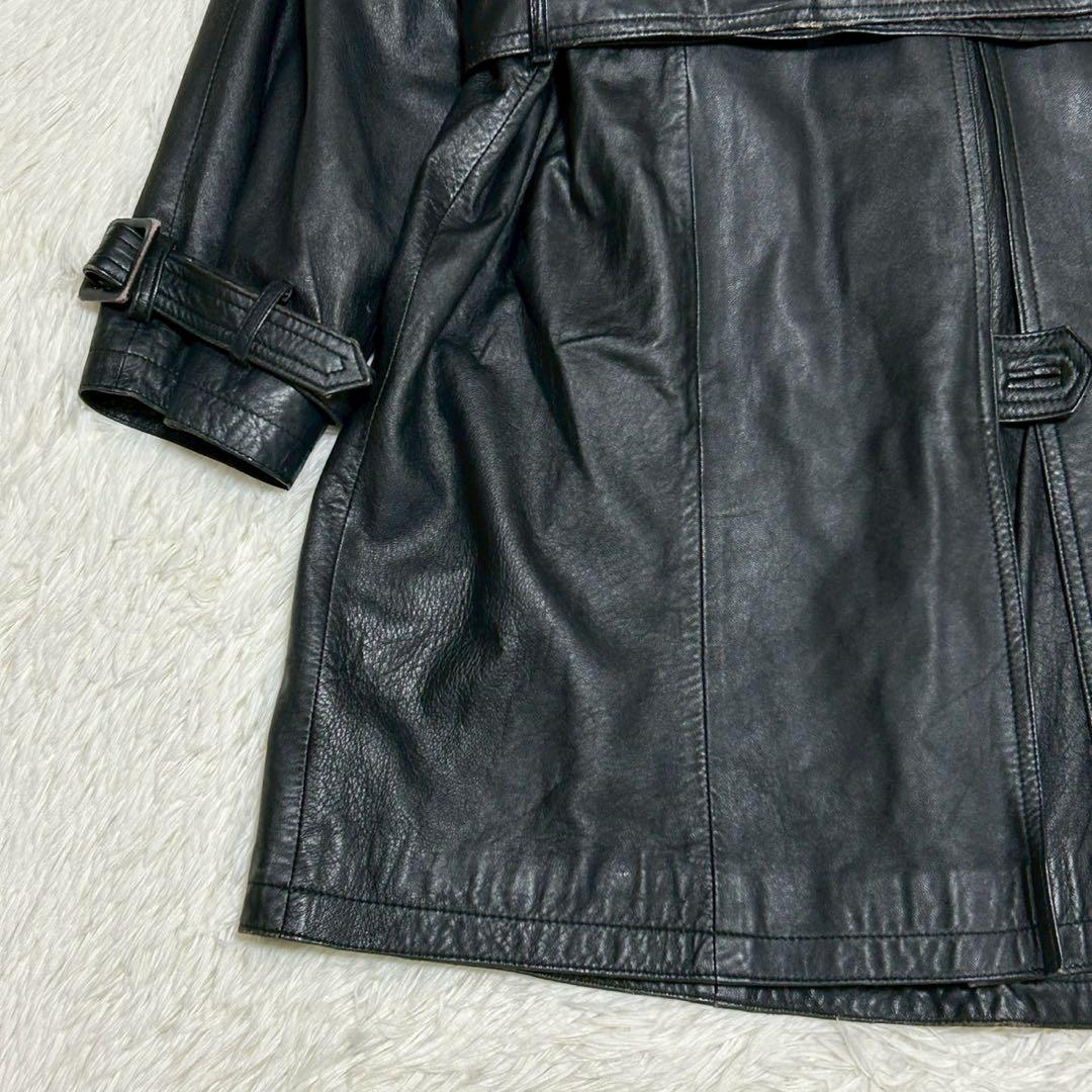 リアルレザー トレンチコート 本革 ブラック 裏地総柄 ペイズリー ベルト 古着