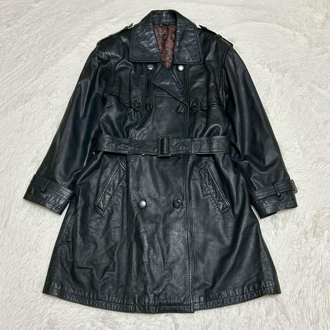 リアルレザー トレンチコート 本革 ブラック 裏地総柄 ペイズリー ベルト 古着