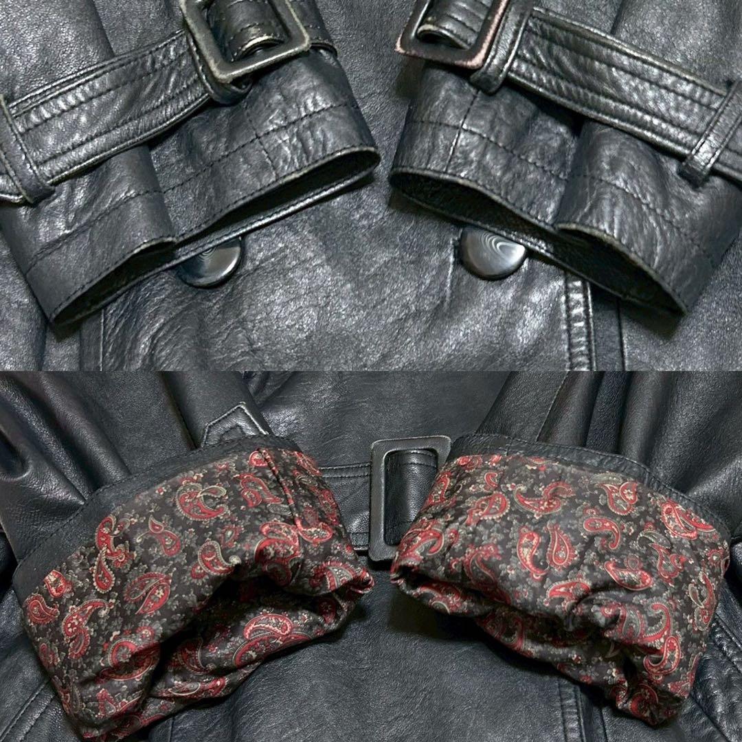 リアルレザー トレンチコート 本革 ブラック 裏地総柄 ペイズリー ベルト 古着