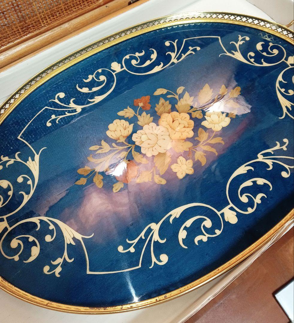 青い花柄の楕円形アンティークレトロトレイ おぼん