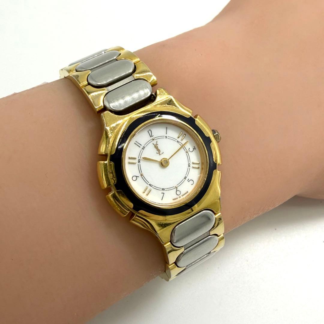 【稼働】 イヴサンローラン 腕時計 ゴールド コンビ 金針 レディース シルバー