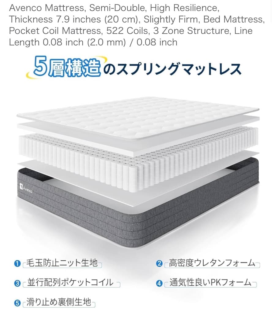 Avenco セミ ダブルマットレス 20cm 522コイル