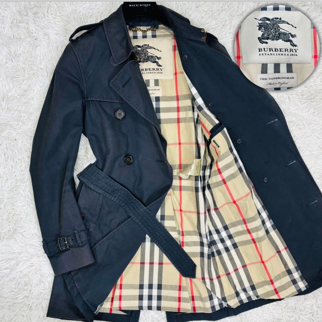 美品 バーバリー 現行 サンドリンガム トレンチコート 紺 ヘリテージ 44 S