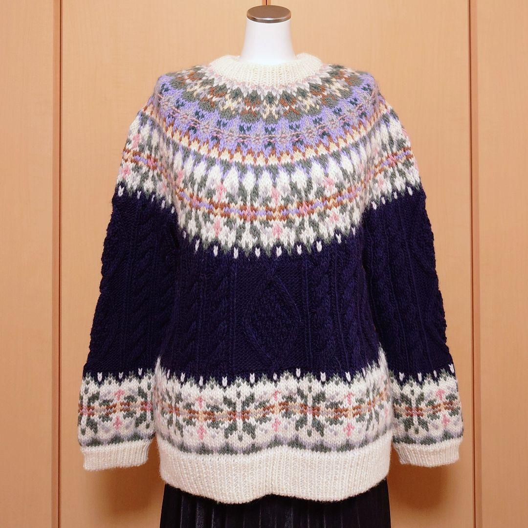 【北欧風】フェアアイル柄 ノルディック柄 手編みセーター ウール100％ 美品