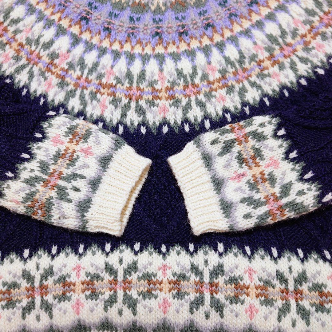 【北欧風】フェアアイル柄 ノルディック柄 手編みセーター ウール100％ 美品