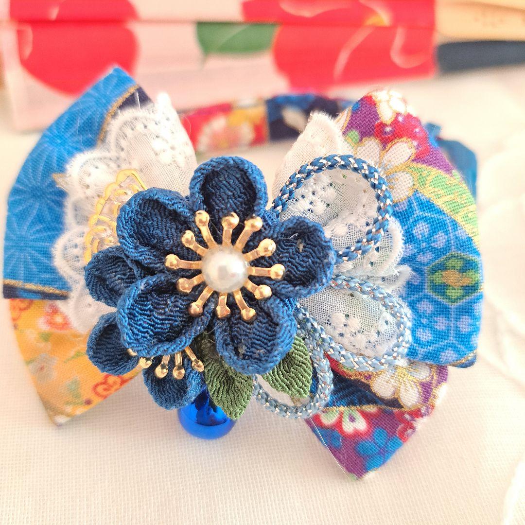 ダブルリボン、和風つまみ細工(青)わんちゃん猫ちゃん用首輪