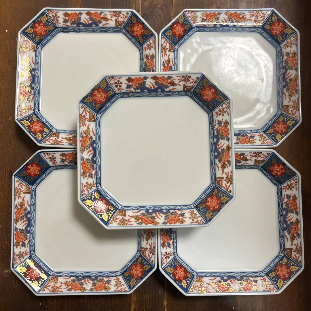 有田焼　宗右衛門窯　金彩染付赤絵　八角皿　5枚