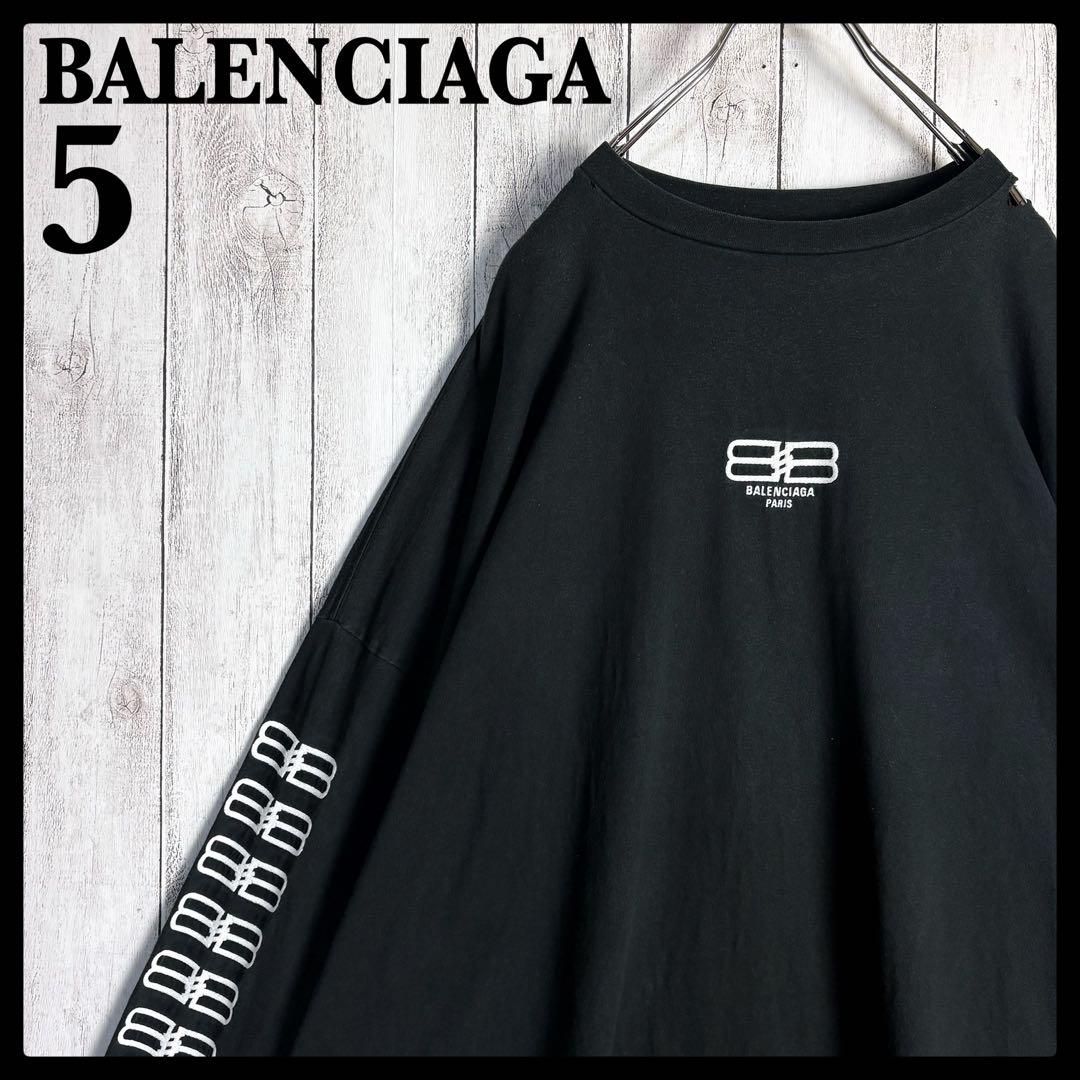 368【サイズ5】バレンシアガ☆両袖BB刺繍入りロンＴ デストロイ加工 ブラック