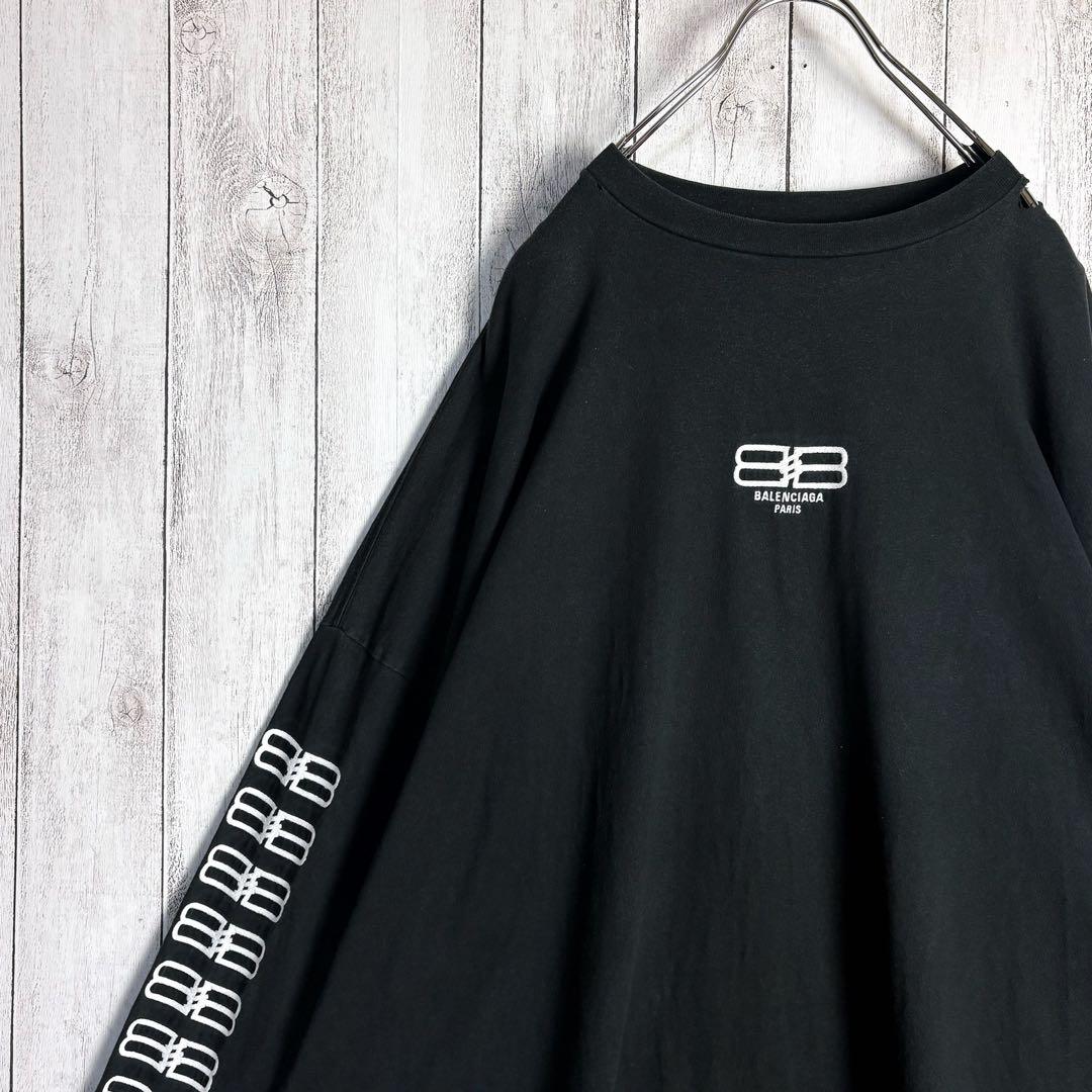 368【サイズ5】バレンシアガ☆両袖BB刺繍入りロンＴ デストロイ加工 ブラック