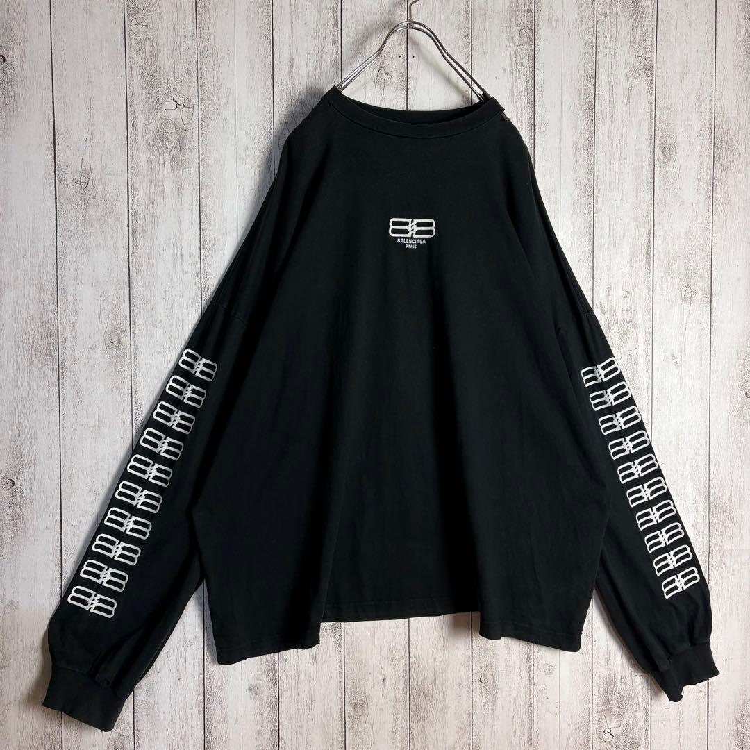 368【サイズ5】バレンシアガ☆両袖BB刺繍入りロンＴ デストロイ加工 ブラック