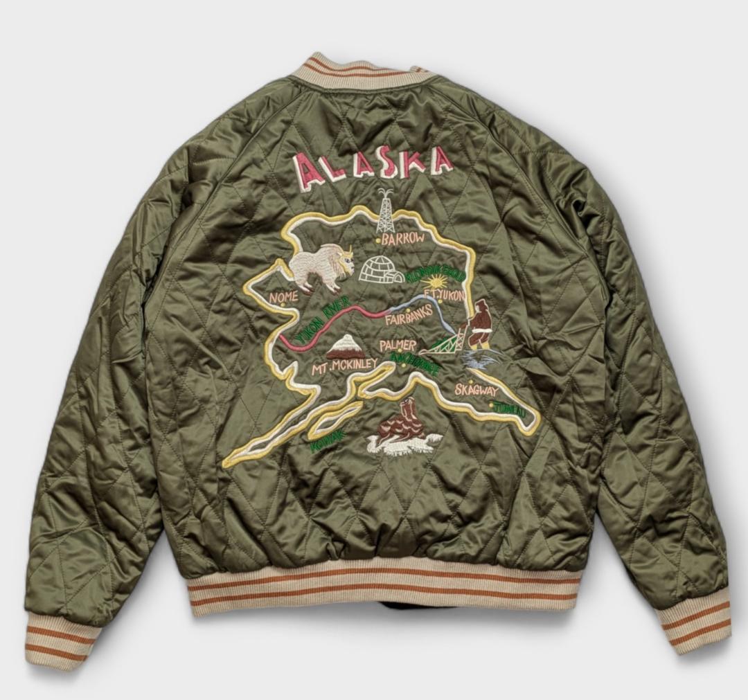 アラスカ　スカジャン　スーベニアジャケット　白熊　鹿　刺繍　　リバーシブル　L