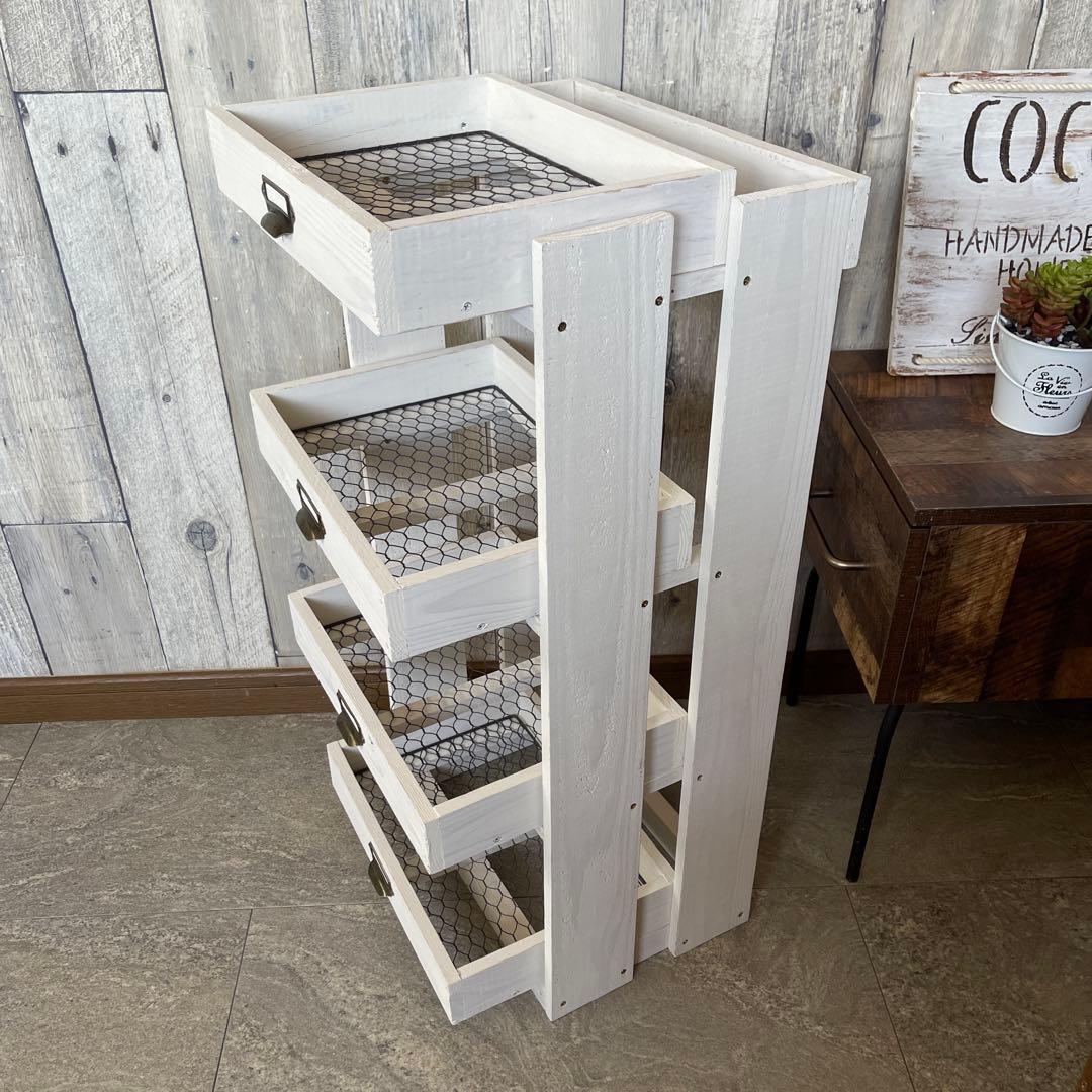 ホワイト　4段　引き出し　ウッドシェルフ　ハンドメイド　家具