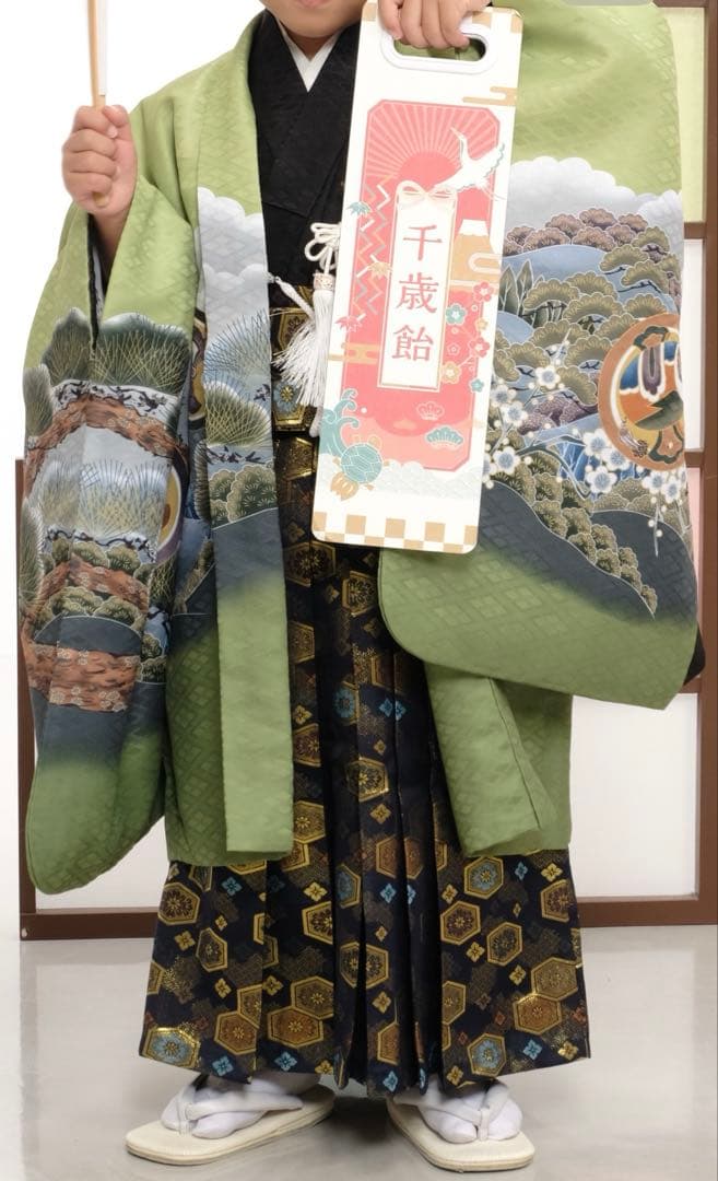 七五三 着物 袴 セット 緑色 鷹デザイン